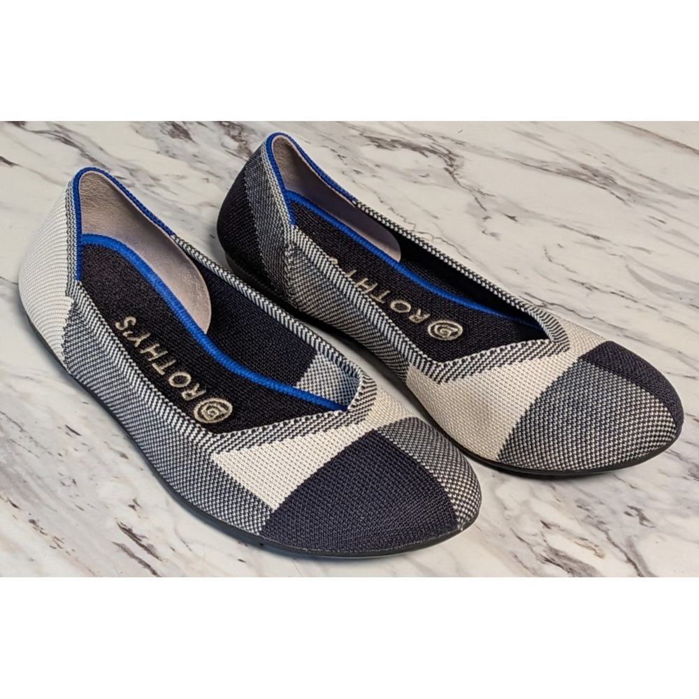 ROTHYS The Flats Women's Buffalo Plaid Round Toe Black Cream Flats Size 8 - Picture 2 of 11